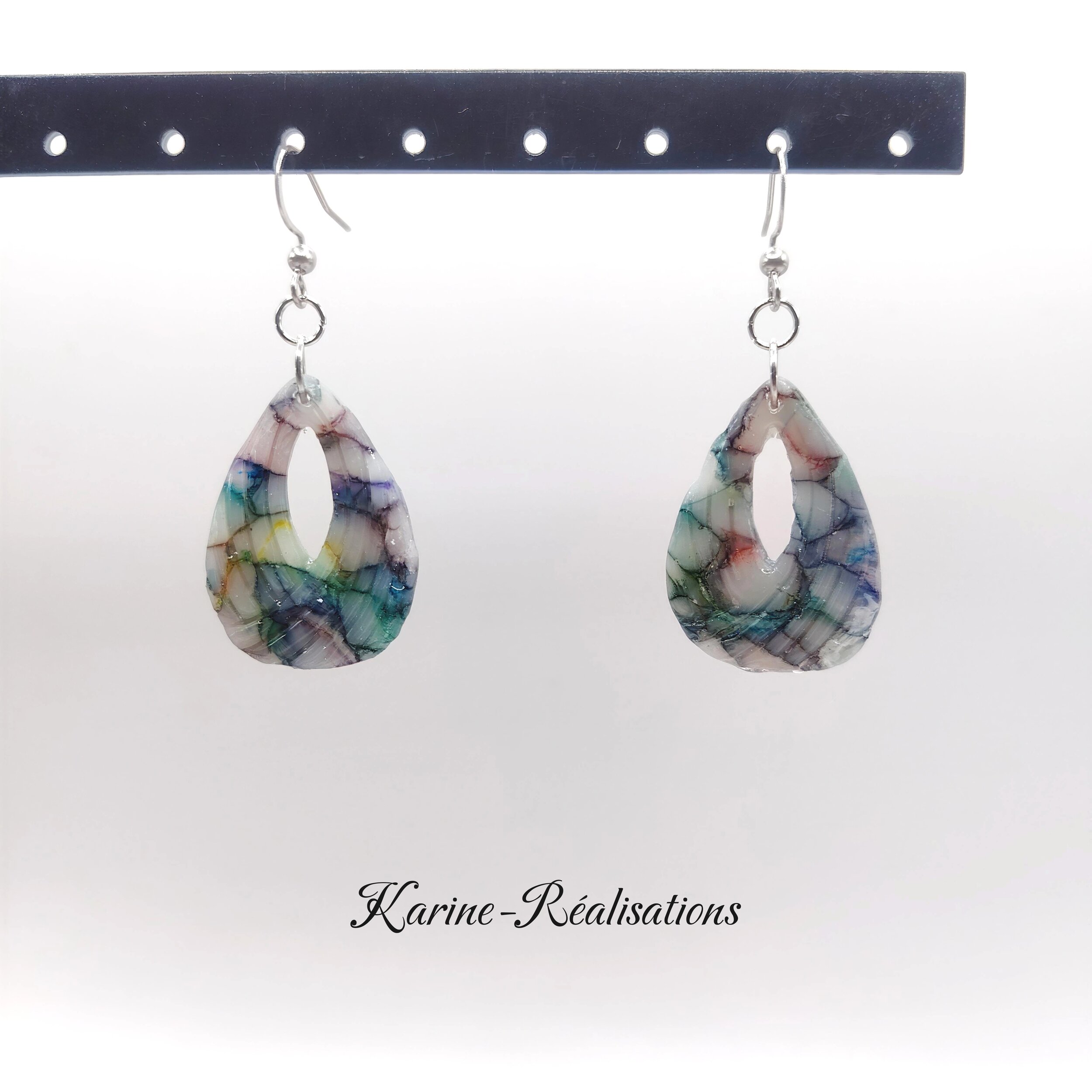 Boucles dOreilles Pendantes Gouttes Évidées - Effet Mosaïque - Vitrail Multicolore