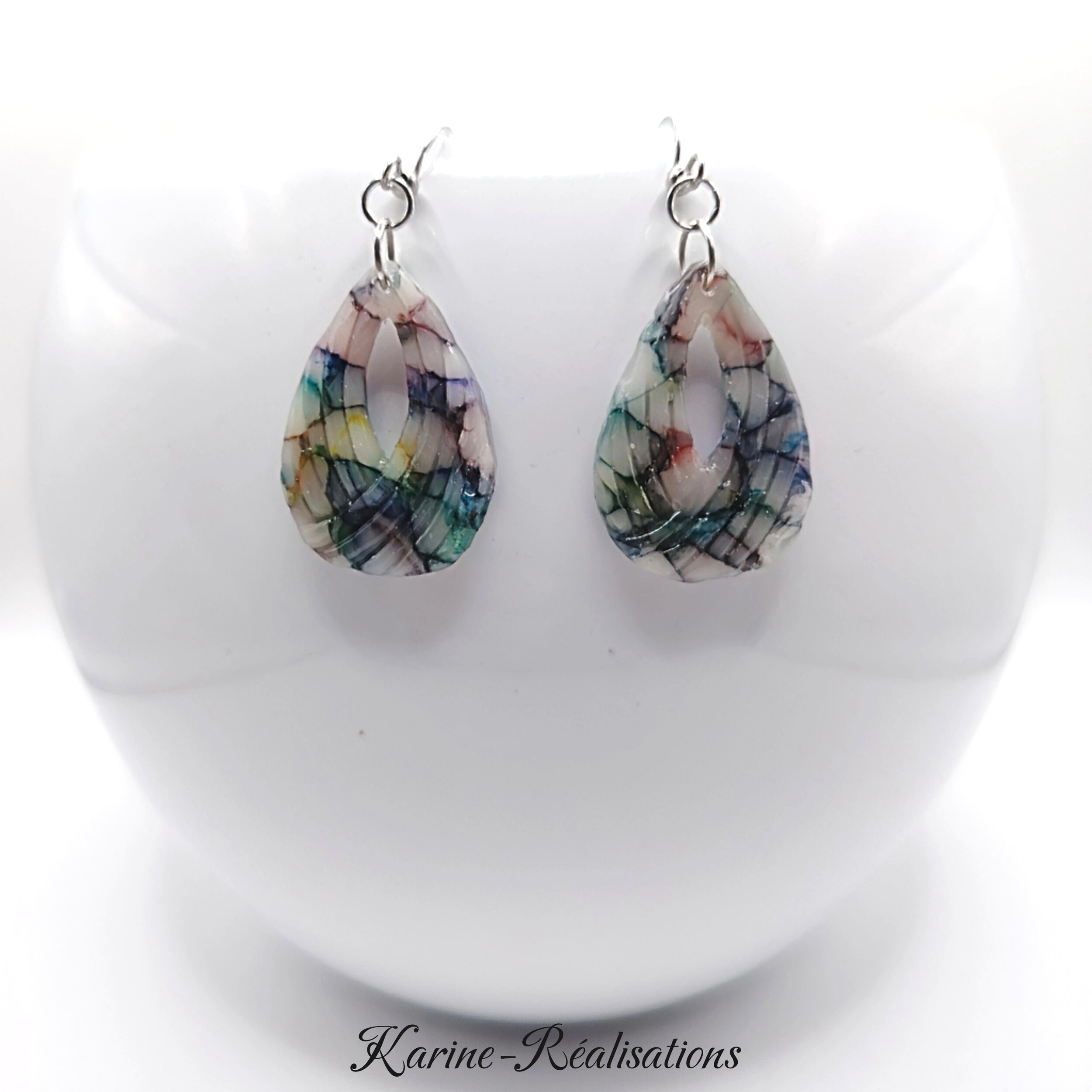 Boucles dOreilles Pendantes Gouttes Évidées - Effet Mosaïque - Vitrail Multicolore1