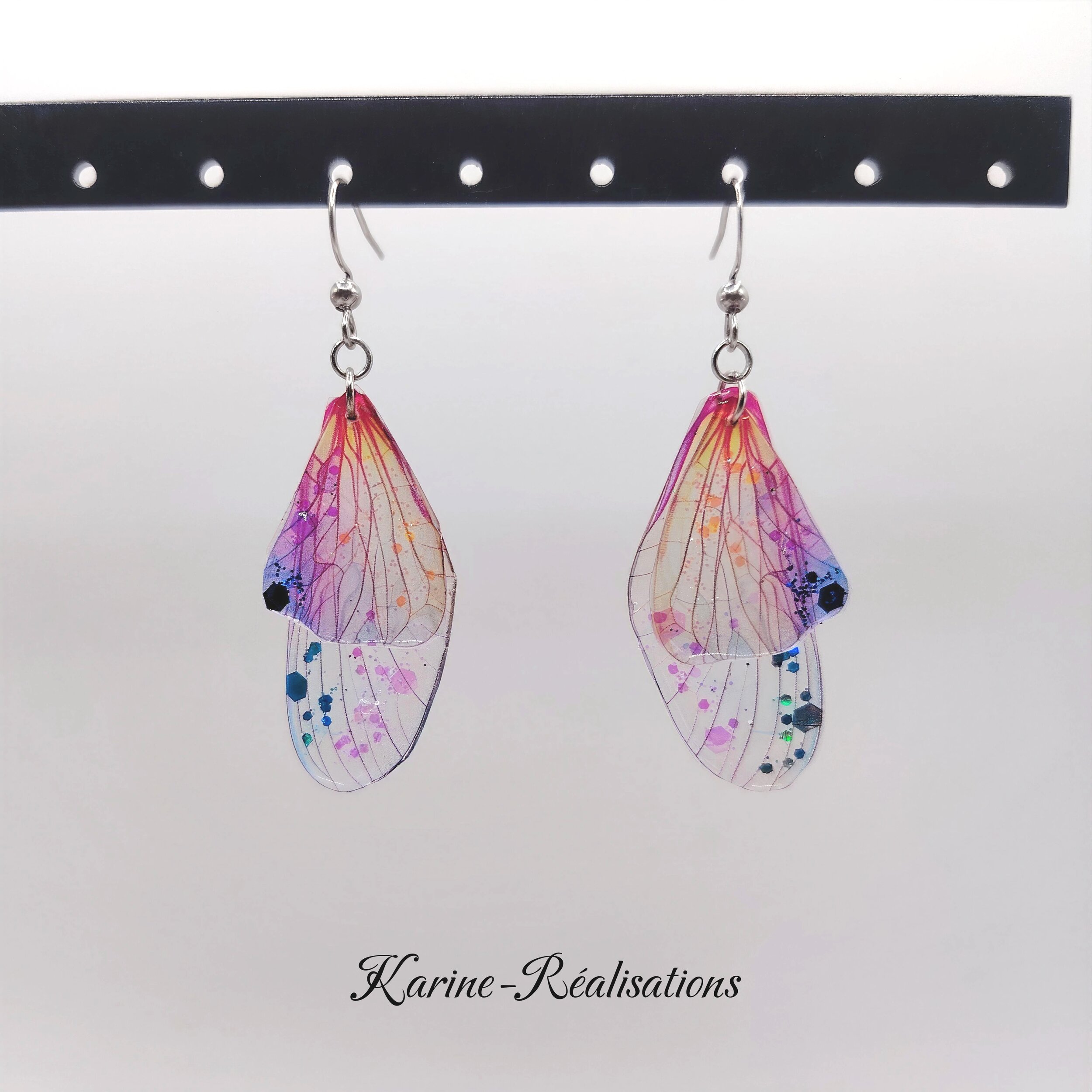 Boucles d'Oreilles Pendantes Ailes de Fée - Rose, Violet &amp; Paillettes Féériques