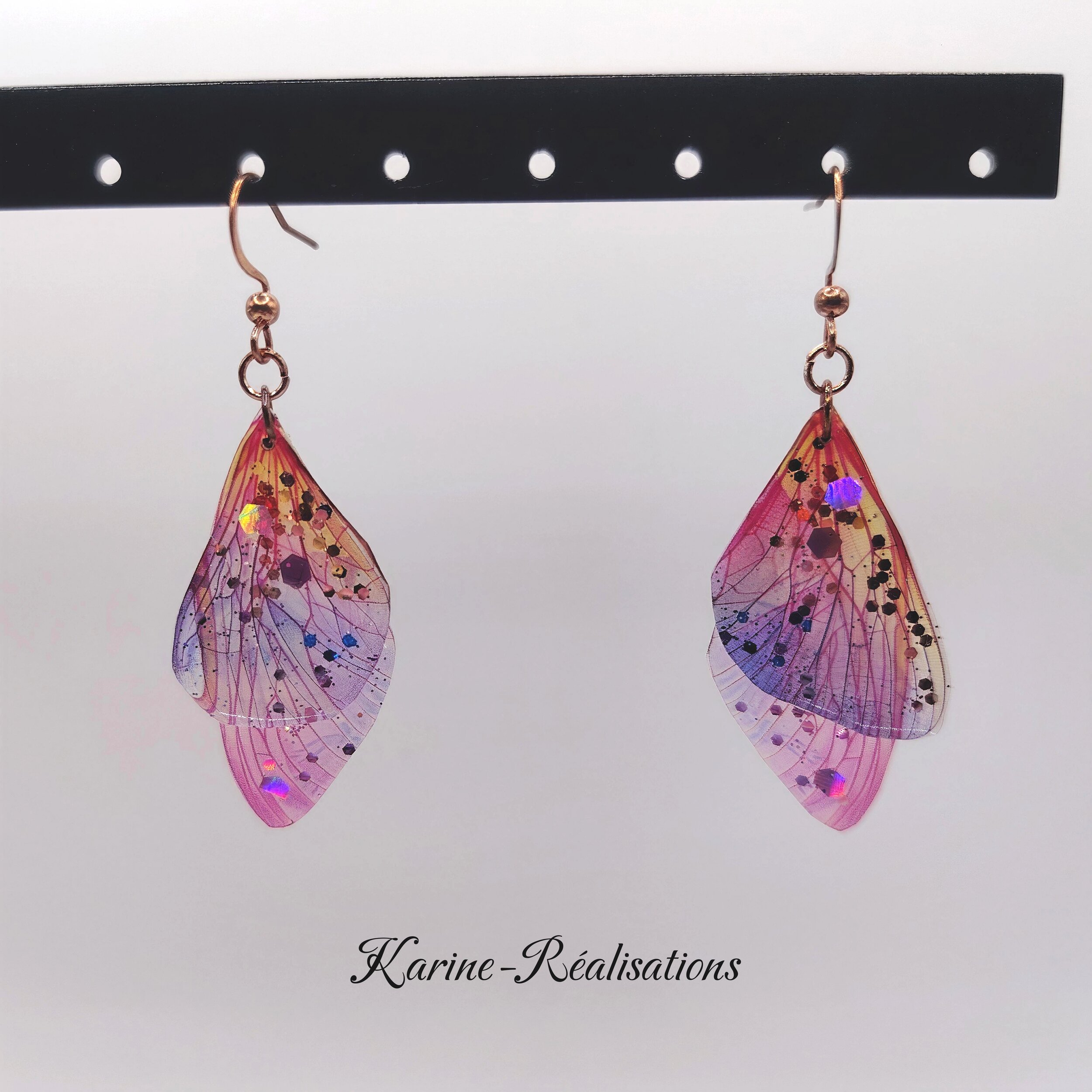 Boucles d'Oreilles Pendantes Ailes de Fée - Dégradé Magique &amp; Acier Inox Or Rose