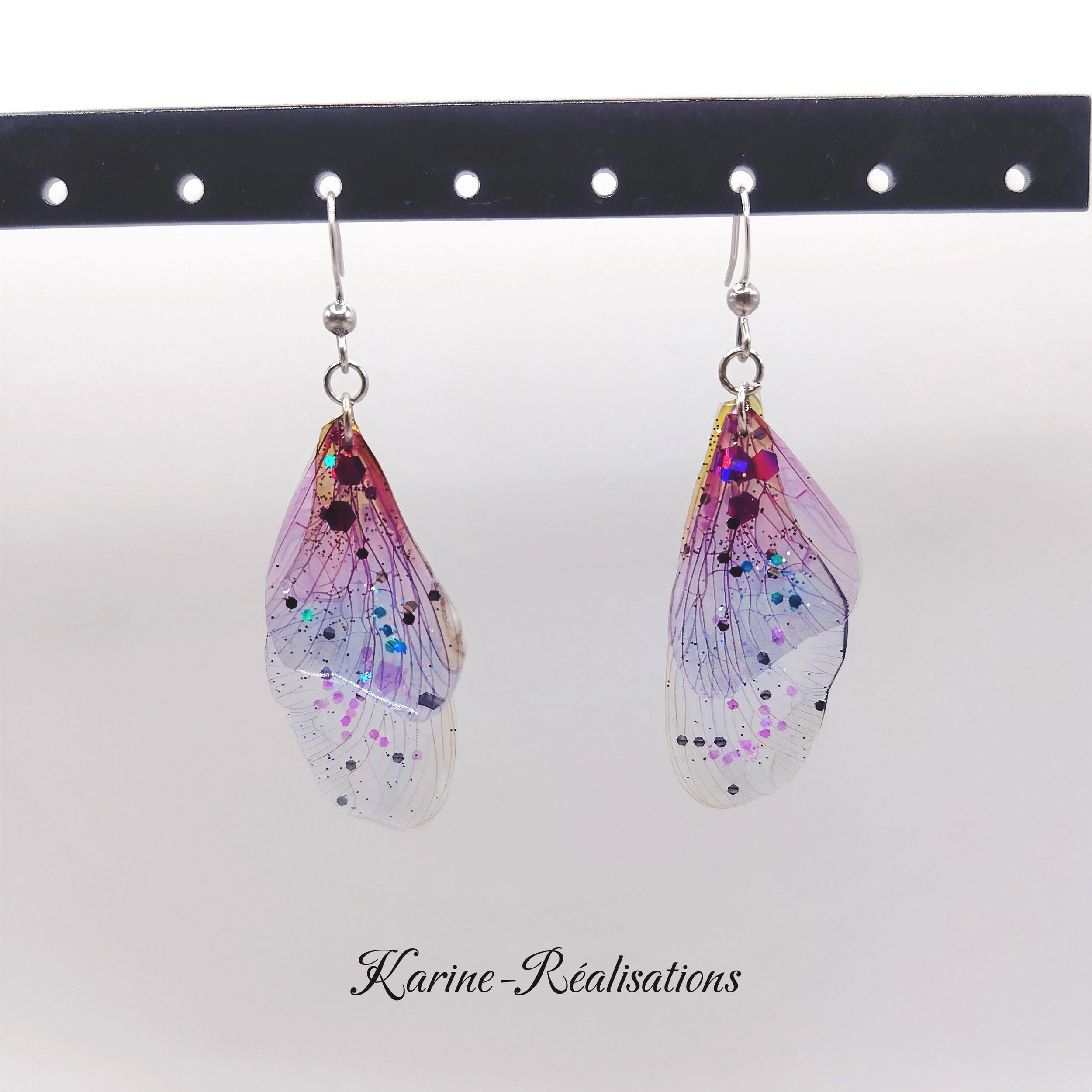 Boucles dOreilles Pendantes Ailes de Fée - Dégradé Violet-Bleu &amp; Paillettes Enchantées