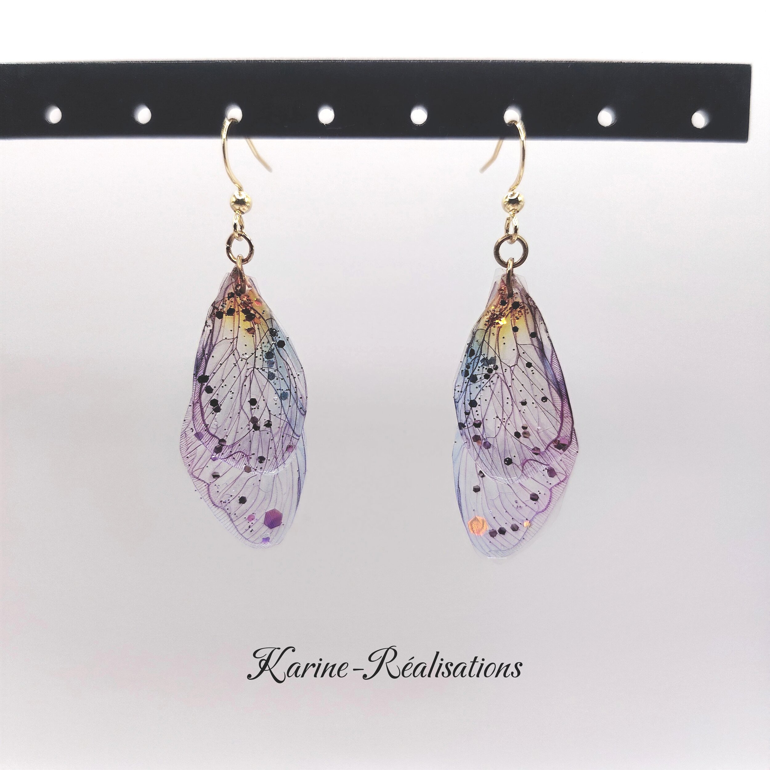 Boucles dOreilles Pendantes Ailes de Fée - Dégradé Violet-Or &amp; Attaches Dorées