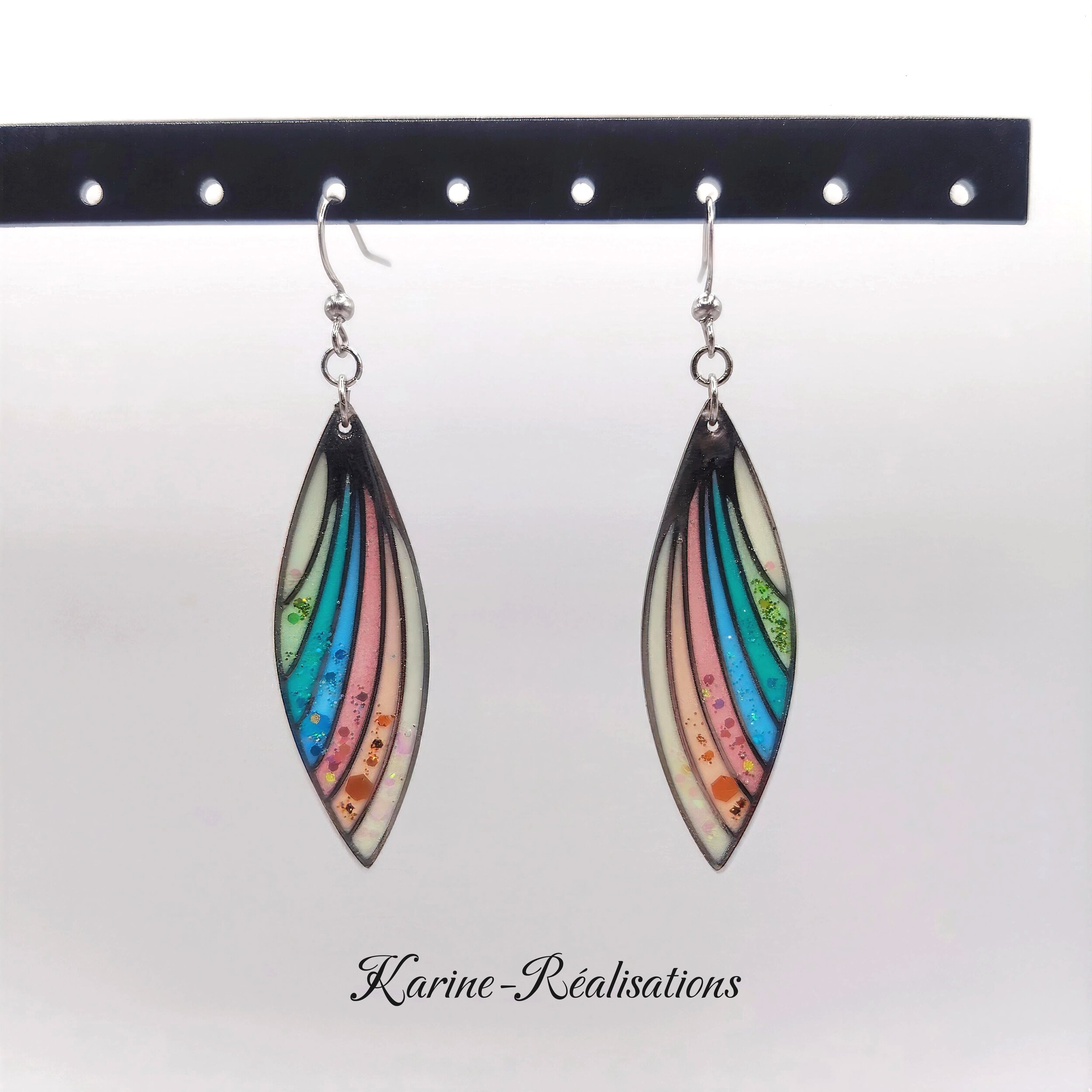 Boucles dOreilles Pendantes Navettes Graphiques - Résine Pastel, Éventail Multicolore &amp; Paillettes