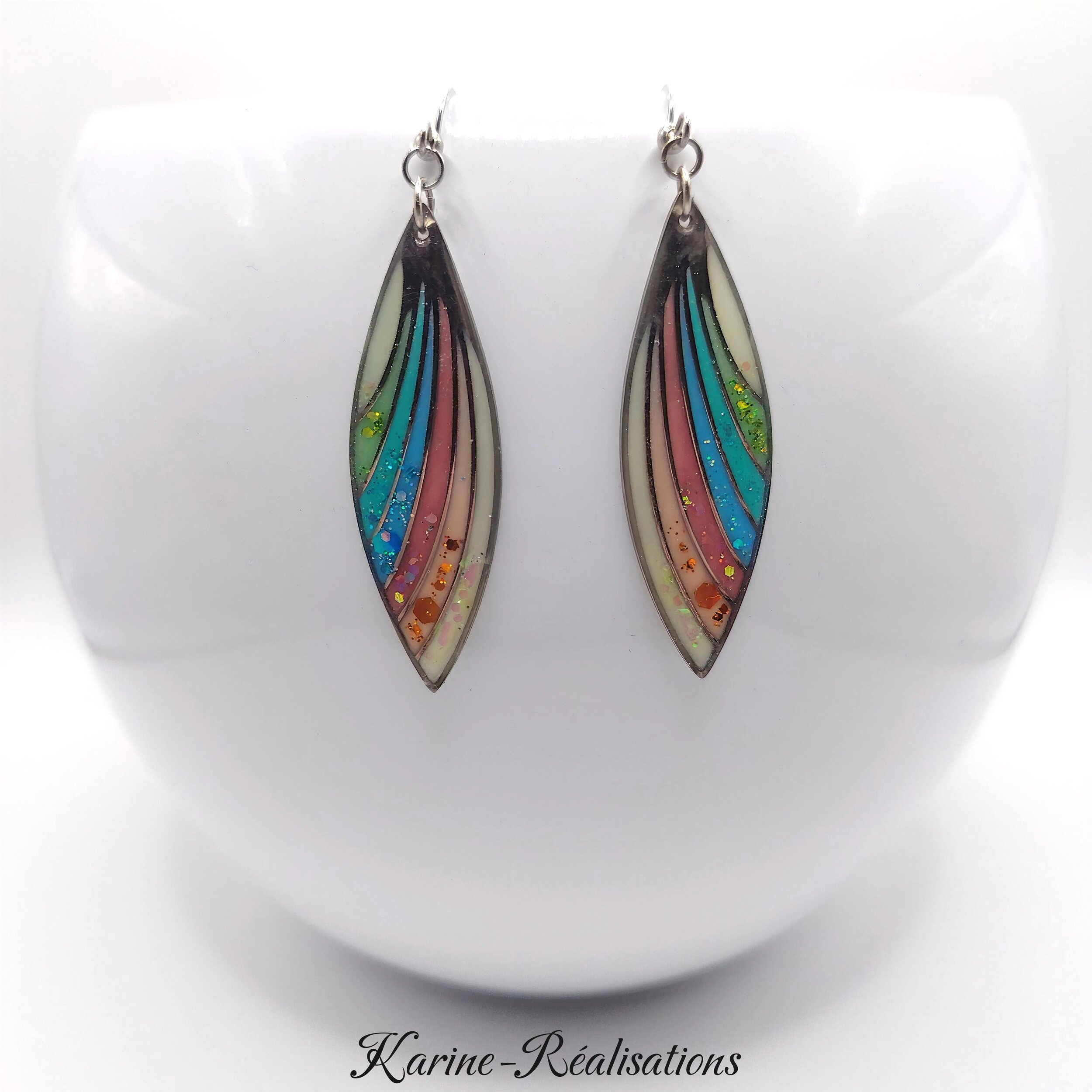 Boucles dOreilles Pendantes Navettes Graphiques - Résine Pastel, Éventail Multicolore &amp; Paillettes1