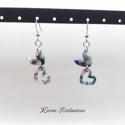 Boucles d'Oreilles Pendantes Double Cœur - Effet Mosaïque  Pierre Veinée Multicolore