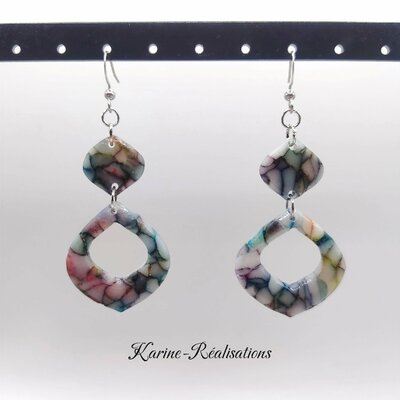 Boucles d'Oreilles Pendantes Losanges Évidés - Effet Mosaïque, Vitrail Multicolore