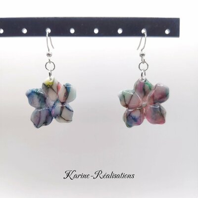 Boucles d'Oreilles Pendantes Fleurs - Effet Mosaïque - Pierre Veinée Multicolore