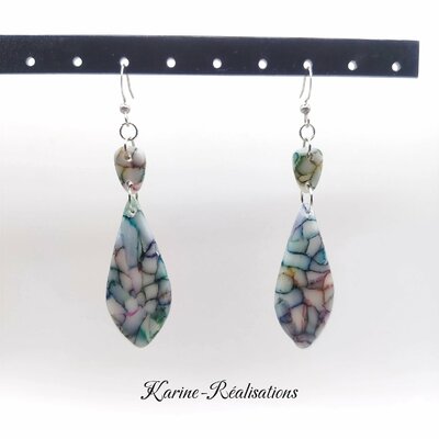 Boucles d'Oreilles Pendantes Longues Gouttes - Effet Mosaïque - Vitrail Multicolore