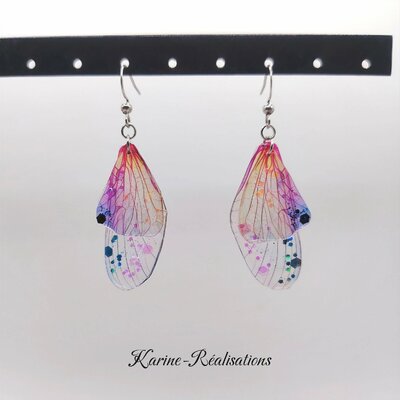 Boucles d'Oreilles Pendantes Ailes de Fée - Rose, Violet & Paillettes Féériques