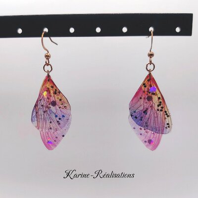 Boucles d'Oreilles Pendantes Ailes de Fée - Dégradé Magique & Acier Inox Or Rose