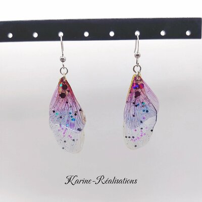Boucles d'Oreilles Pendantes Ailes de Fée - Dégradé Violet-Bleu & Paillettes Enchantées