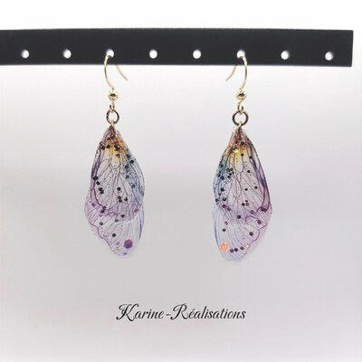 Boucles d'Oreilles Pendantes Ailes de Fée - Dégradé Violet-Or & Attaches Dorées