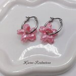 Pampilles boucles d'oreilles fleurs - Résine rose nacré à pois blancs