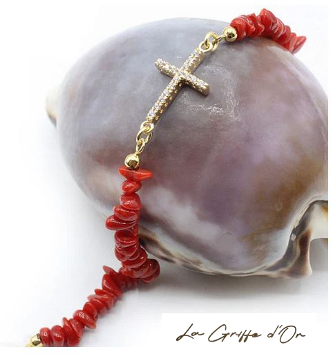 Bracelet Argent Corail Rouge et Croix Zirconium Vermeil