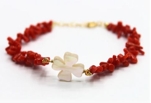Bracelet Vermeil Corail Cupolino &amp; Trèfle Nacre