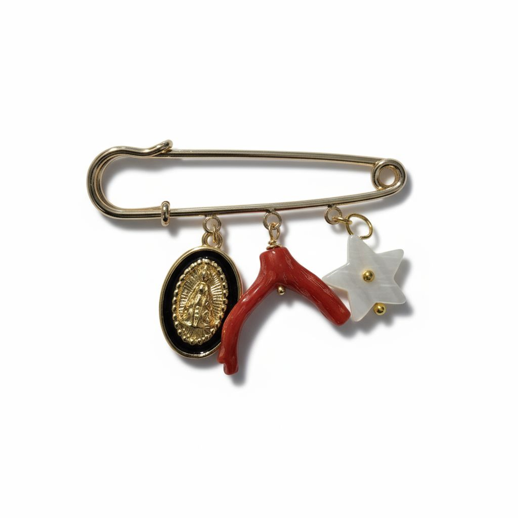 Broche protection porte-bonheur femme corail rouge