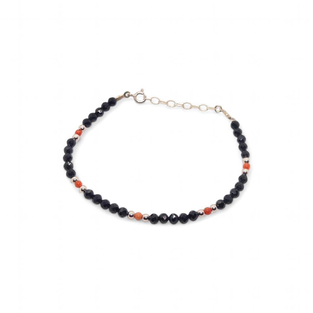 Bracelet argent 925 cristal noir et corail rouge corse