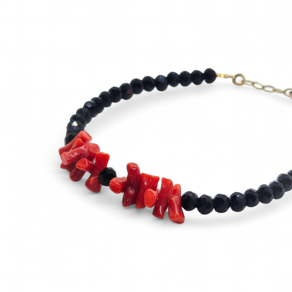 Bracelet argent 925 doré à l'or fin cristal noir et corail rouge corse pas cher