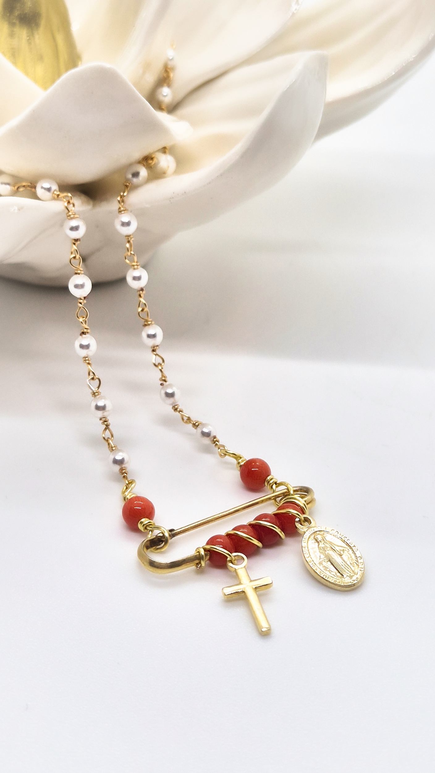 Magnifique Collier argent 925 doré à l'or fin Corail, Croix