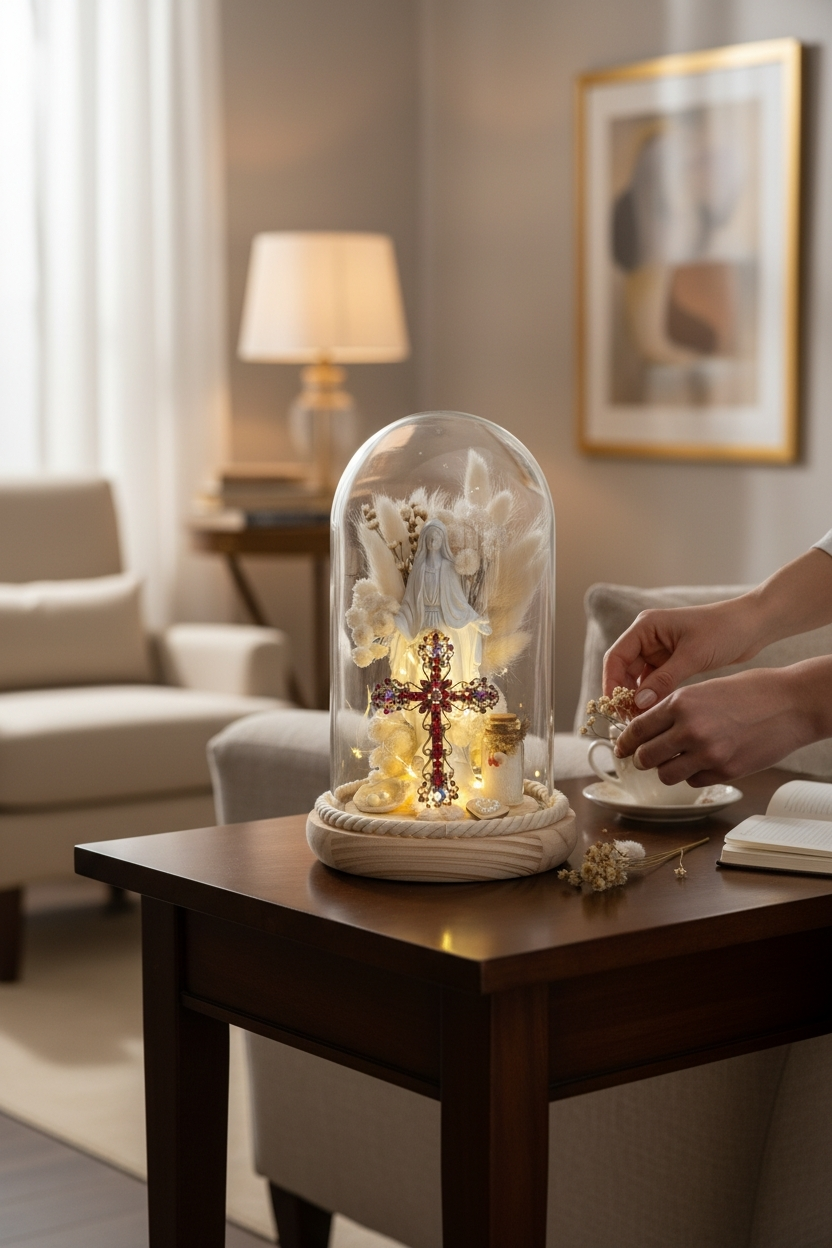 Cloche décorative lumineuse Madone et Croix