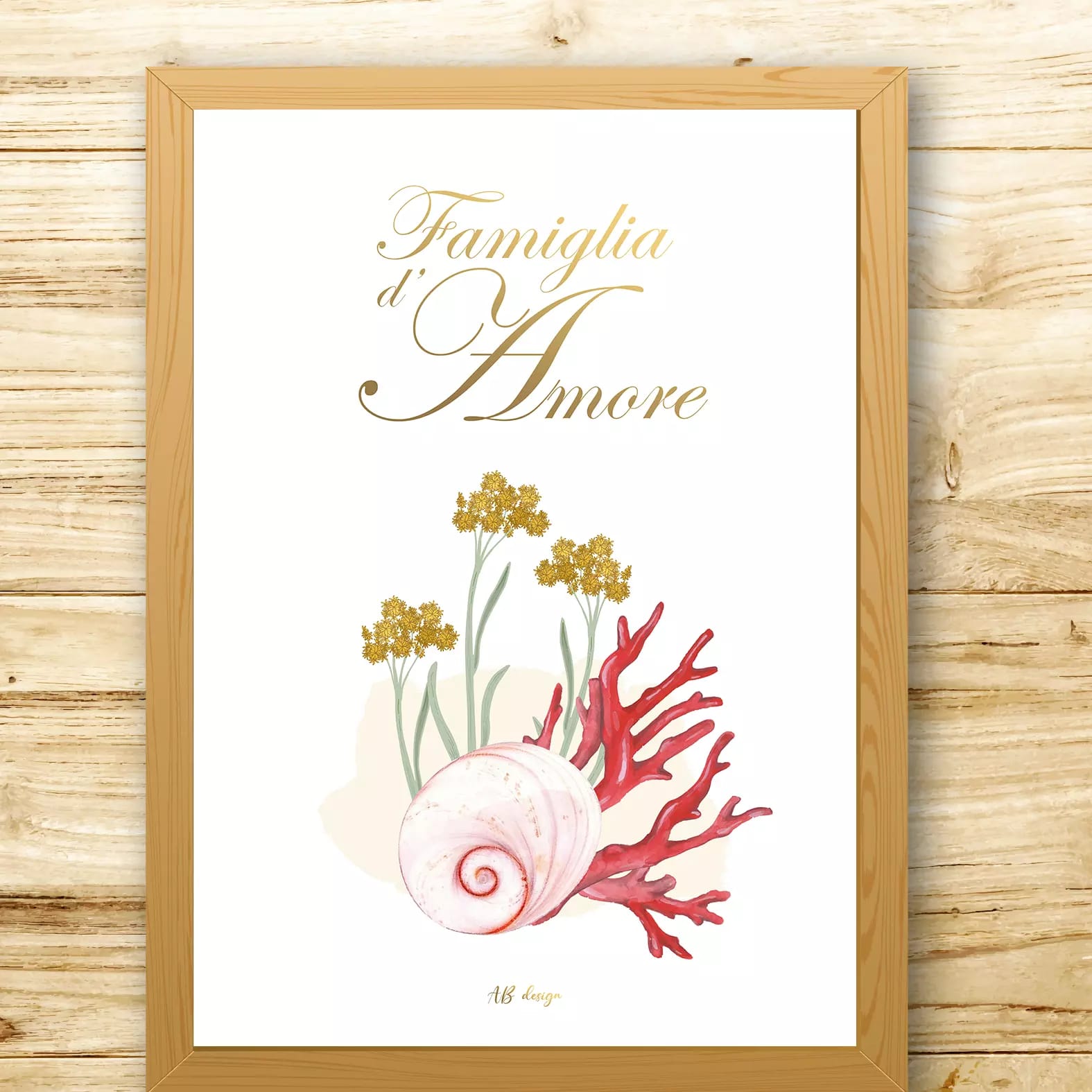 Cadre format A4 avec une affiche A4 représentant une un oeil de Sainte-Lucie, une branche de corail et de limmortelle