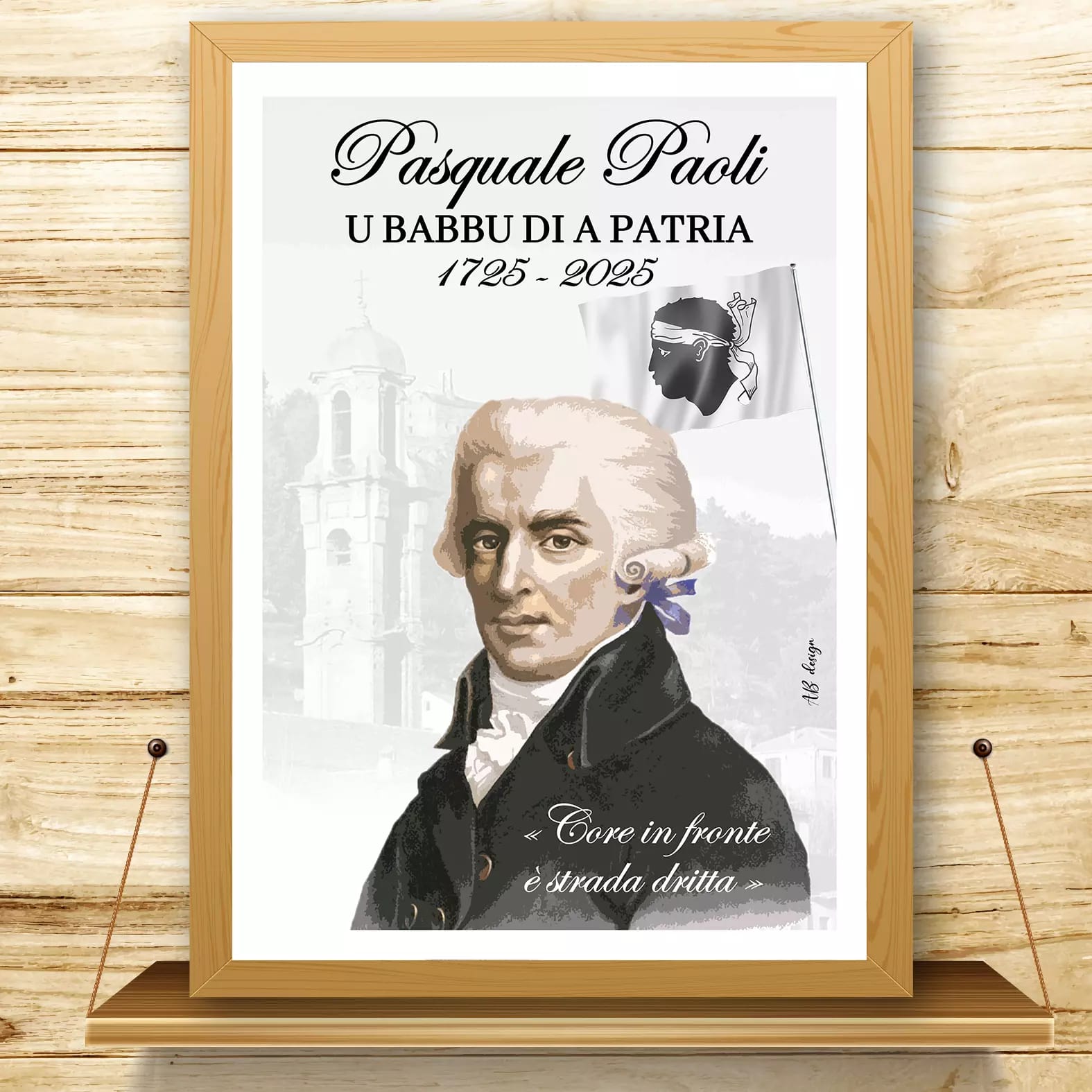 Affiche A3 représentant Pasquale Paoli pour les 300 ans de sa naissance avec en fond le village de Morosaglia doù il était originaire et le drapeau corse