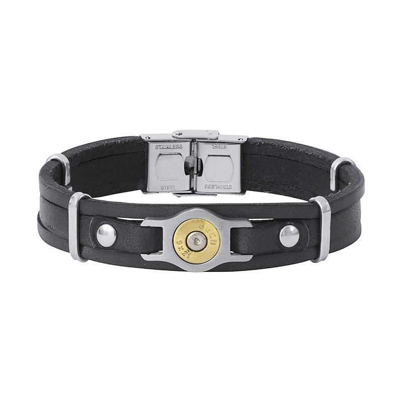 Bracelet douille en acier et cuir homme noir