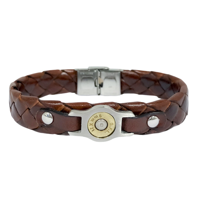 Bracelet douille en acier et cuir marron tendance