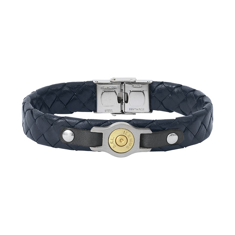 Bracelet douille en acier et cuir tendance noir