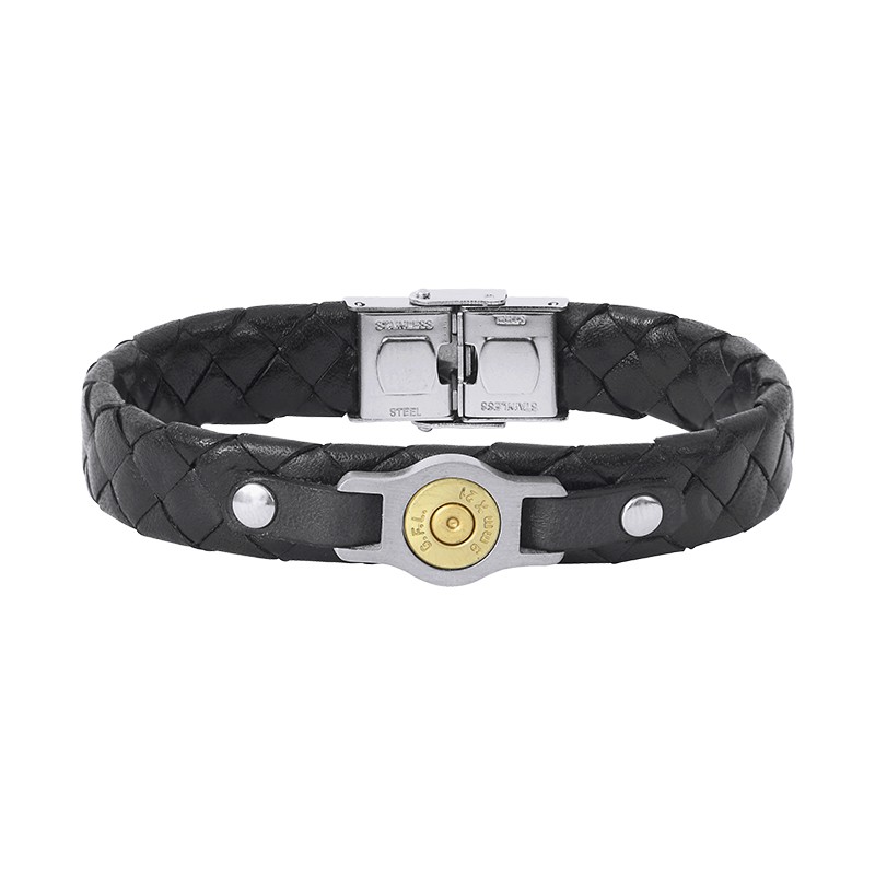 Bracelet douille en cuir et acier gris