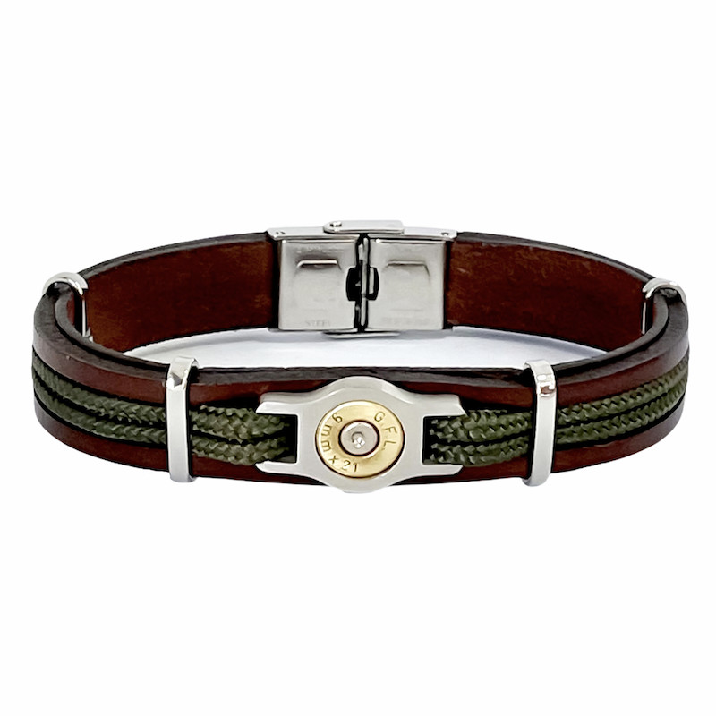Bracelet douille en acier et cuir marron et vert