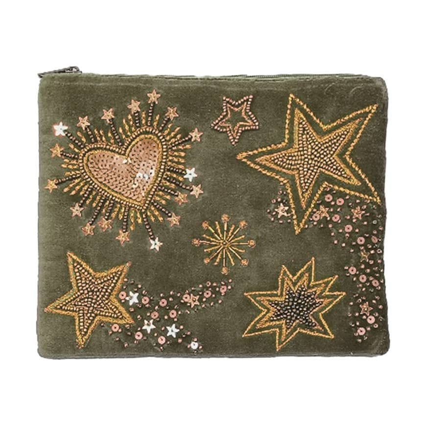 Pochette en velours brodée étoiles et coeurs kaki