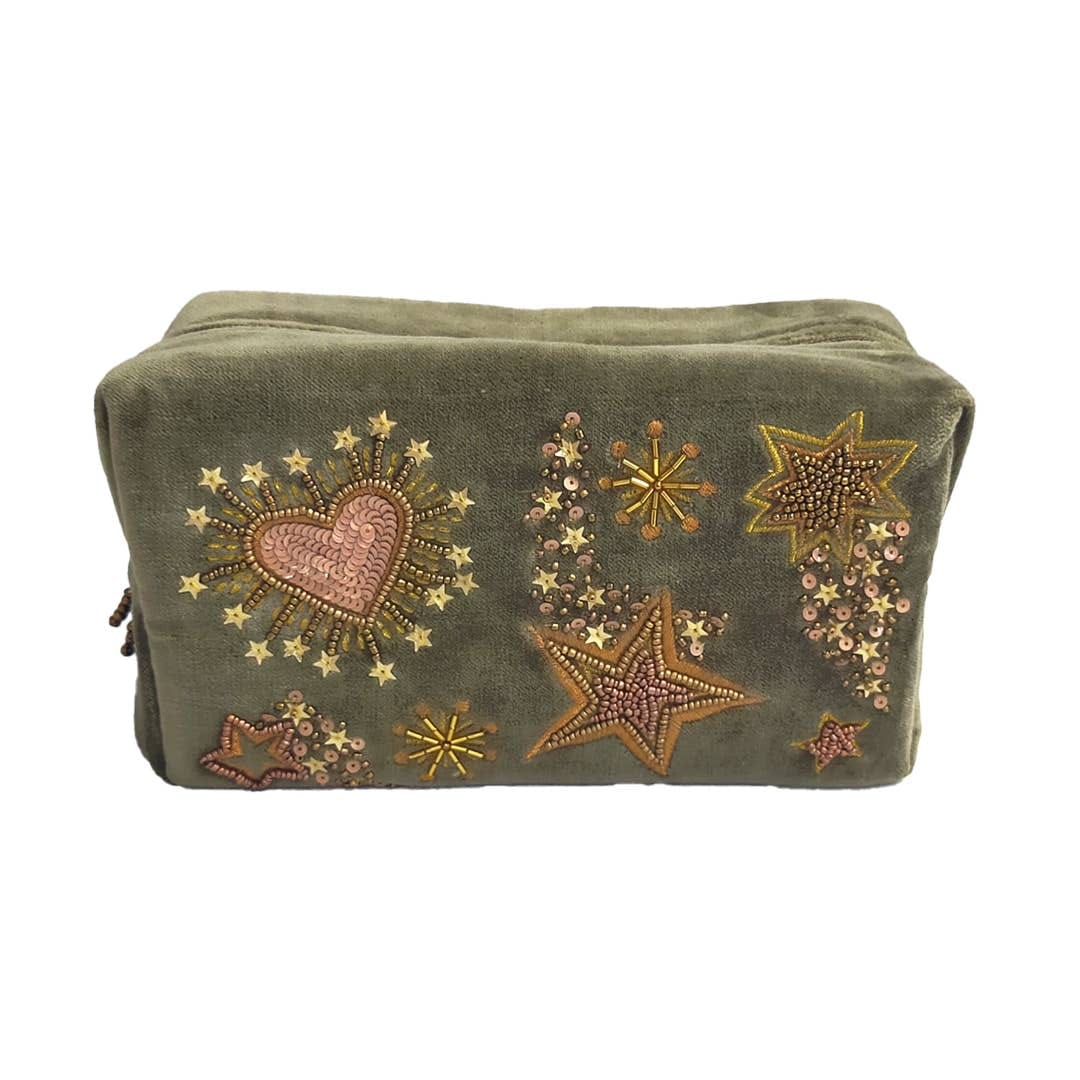Trousse femme en velours brodée étoiles et coeurs kaki