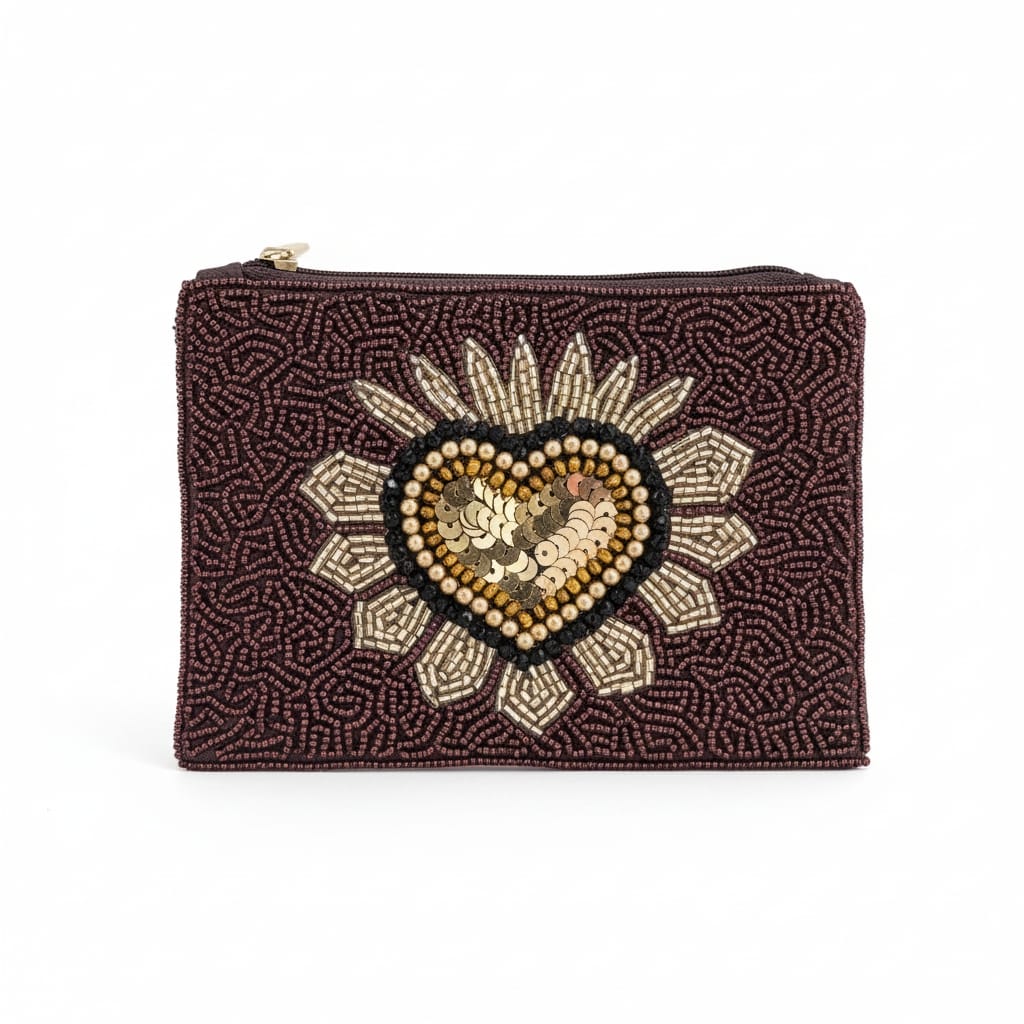 Pochette Brodée Cœur Doré Coton pour Femme