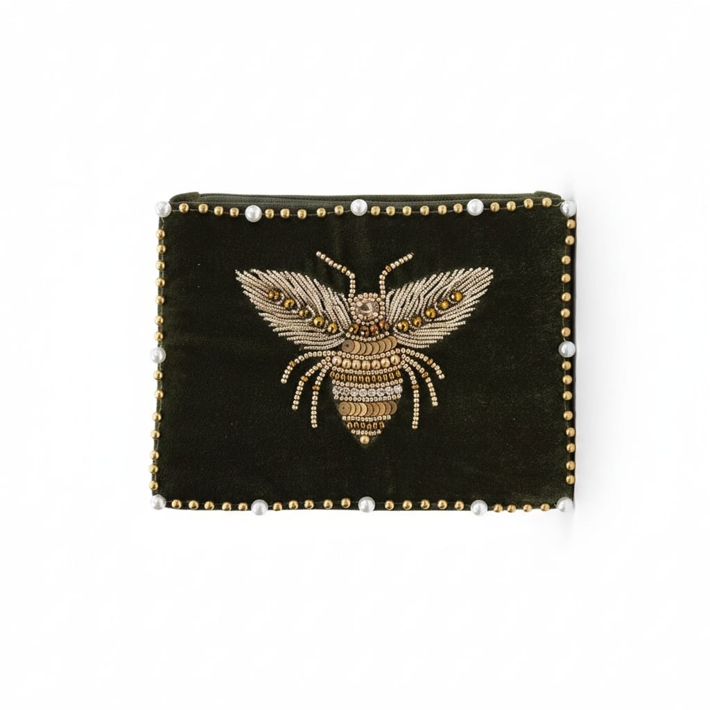Pochette Femme Velours Brodée Abeille kaki