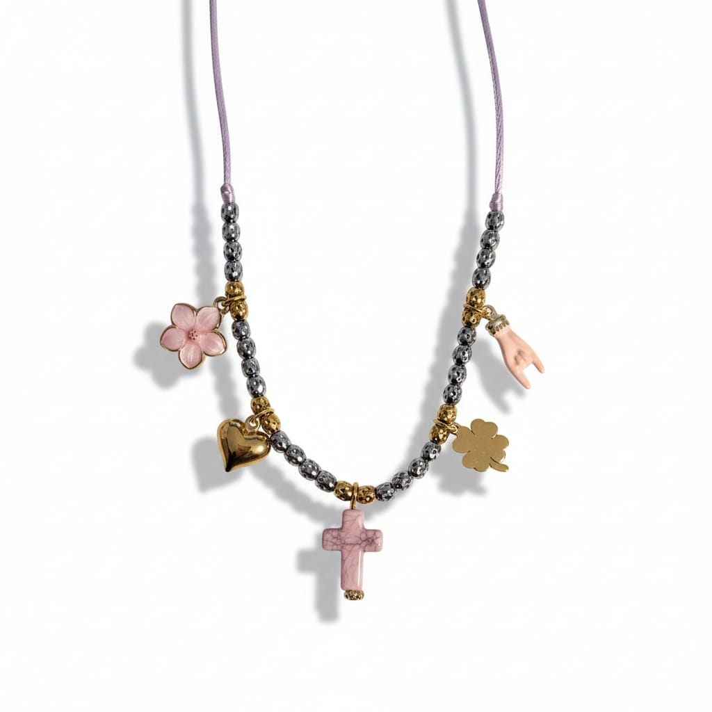 Collier femme grigri amulette Accessible rose