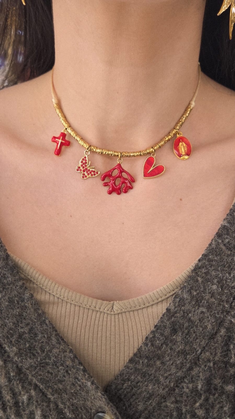 collier femme grigri breloque rouge