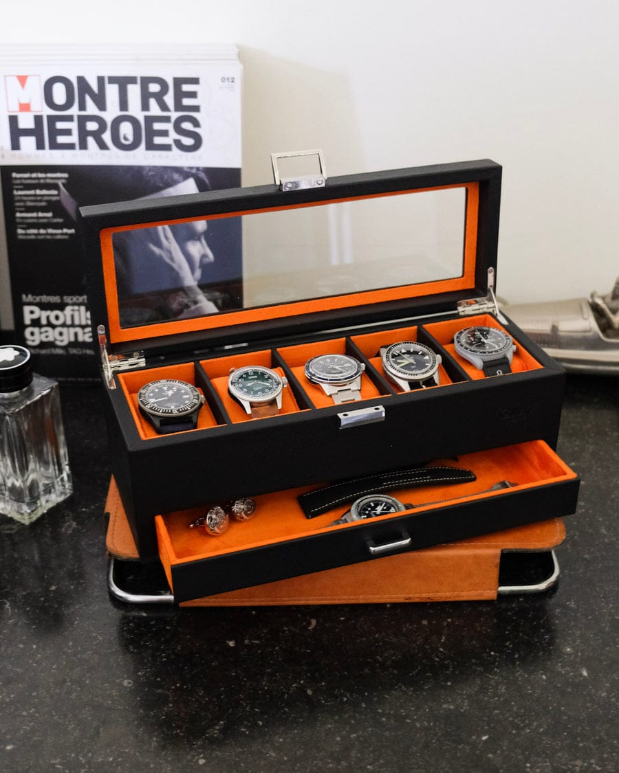 boîte à montres 5 emplacements homme noir et orange chic