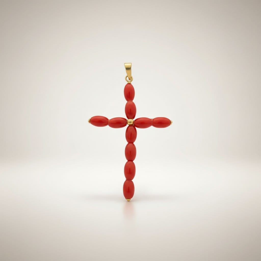 Pendentif Croix corail et Or 18k