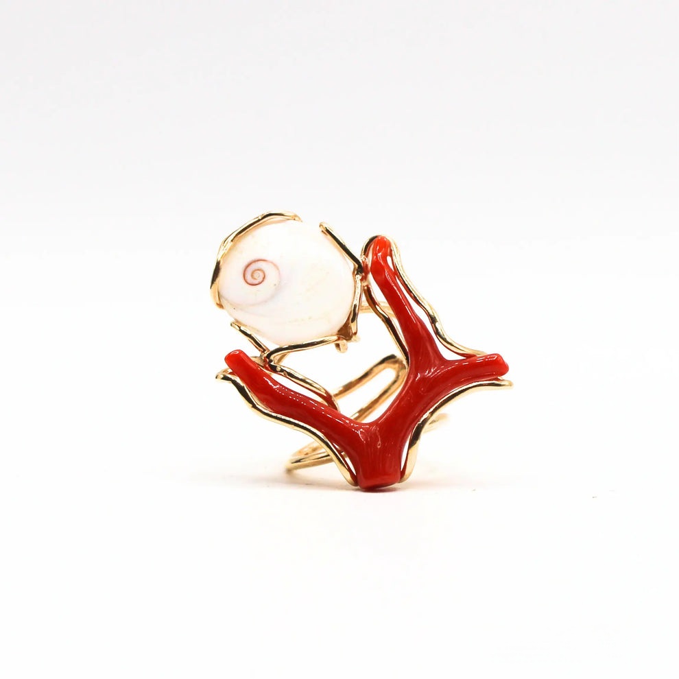 Bague reglable oeil de sainte lucie et corail rouge