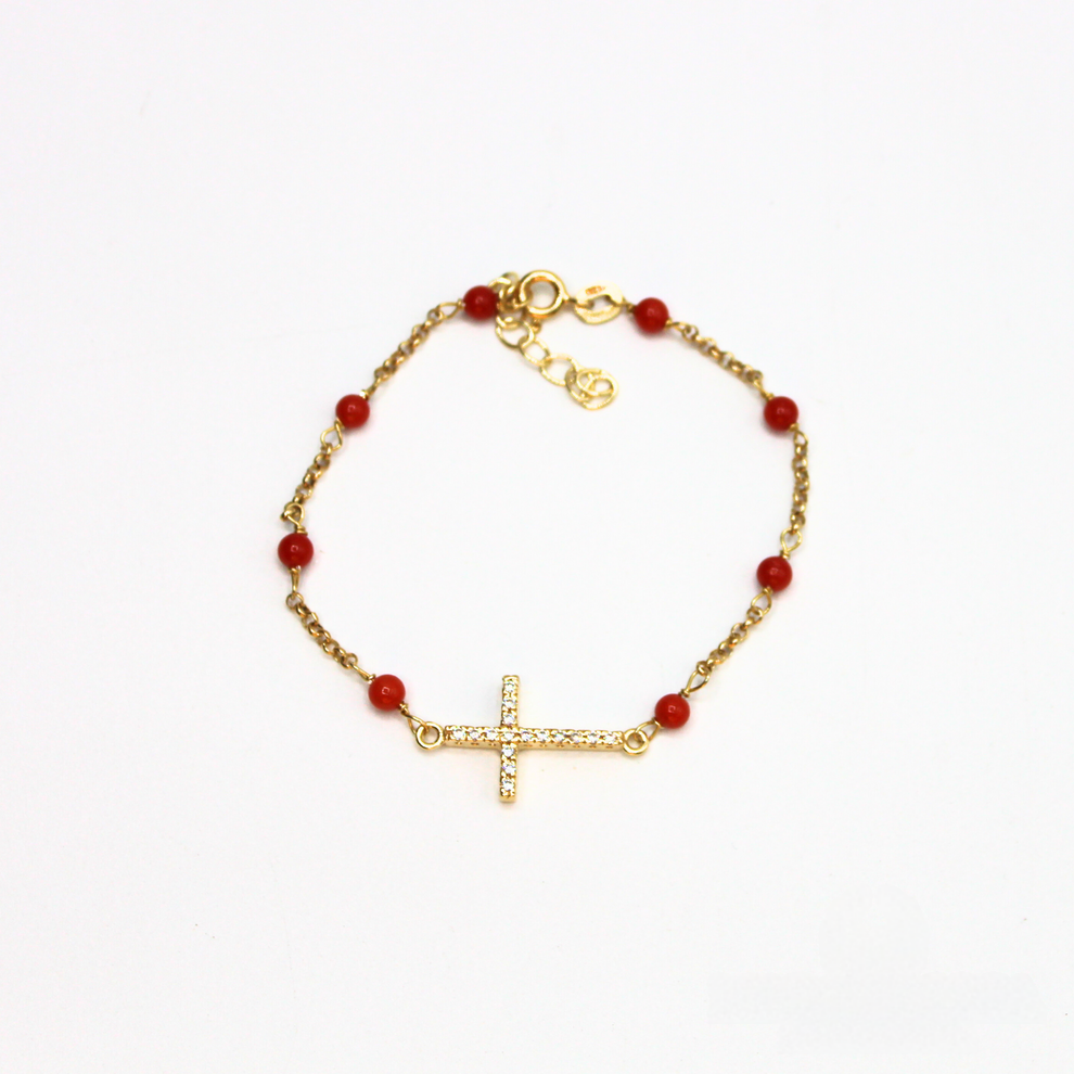 bracelet femme croix brillante et corail