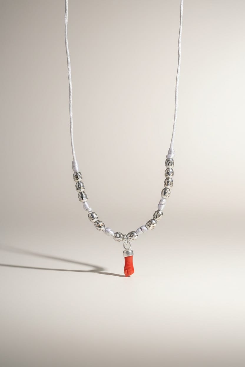Cordon enfant réglable acier et corail pendentif main