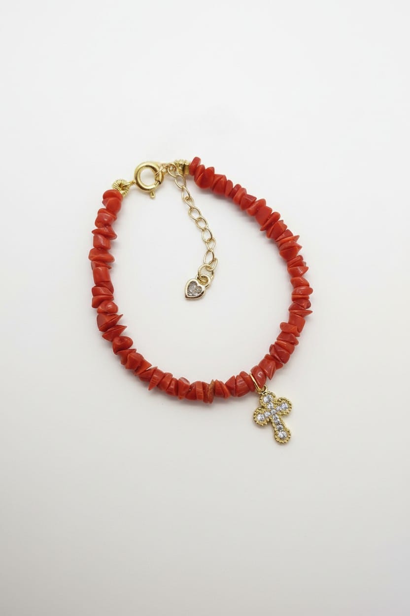 Bracelet enfant corail avec croix religieuse