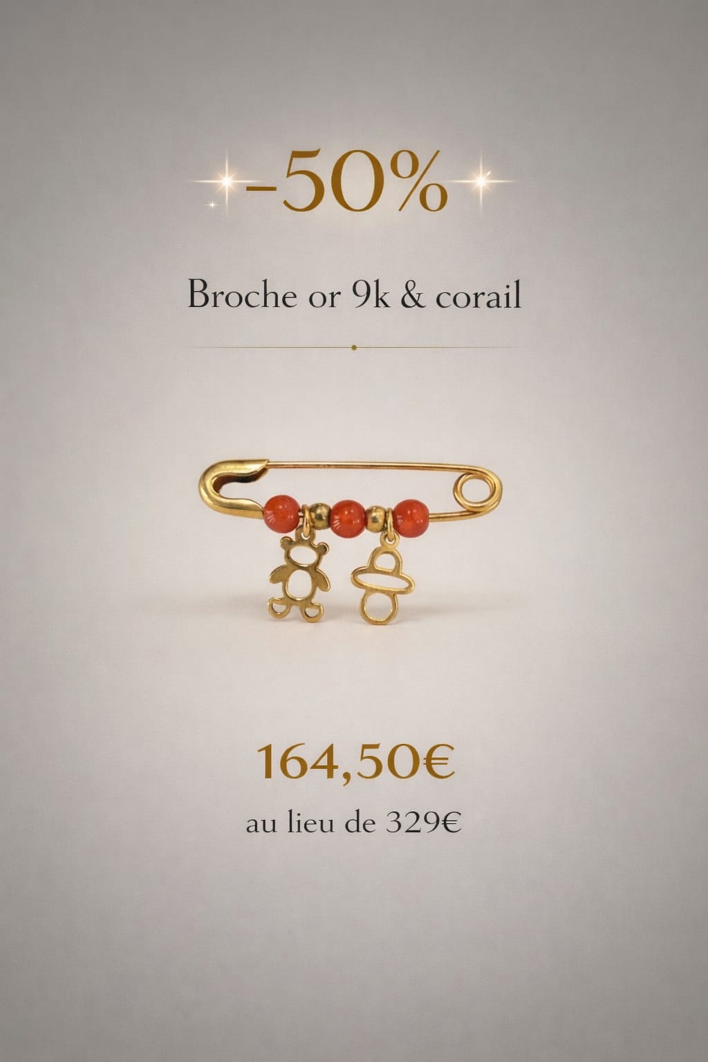 Broche Femme en Or 9 K et Corail rouge