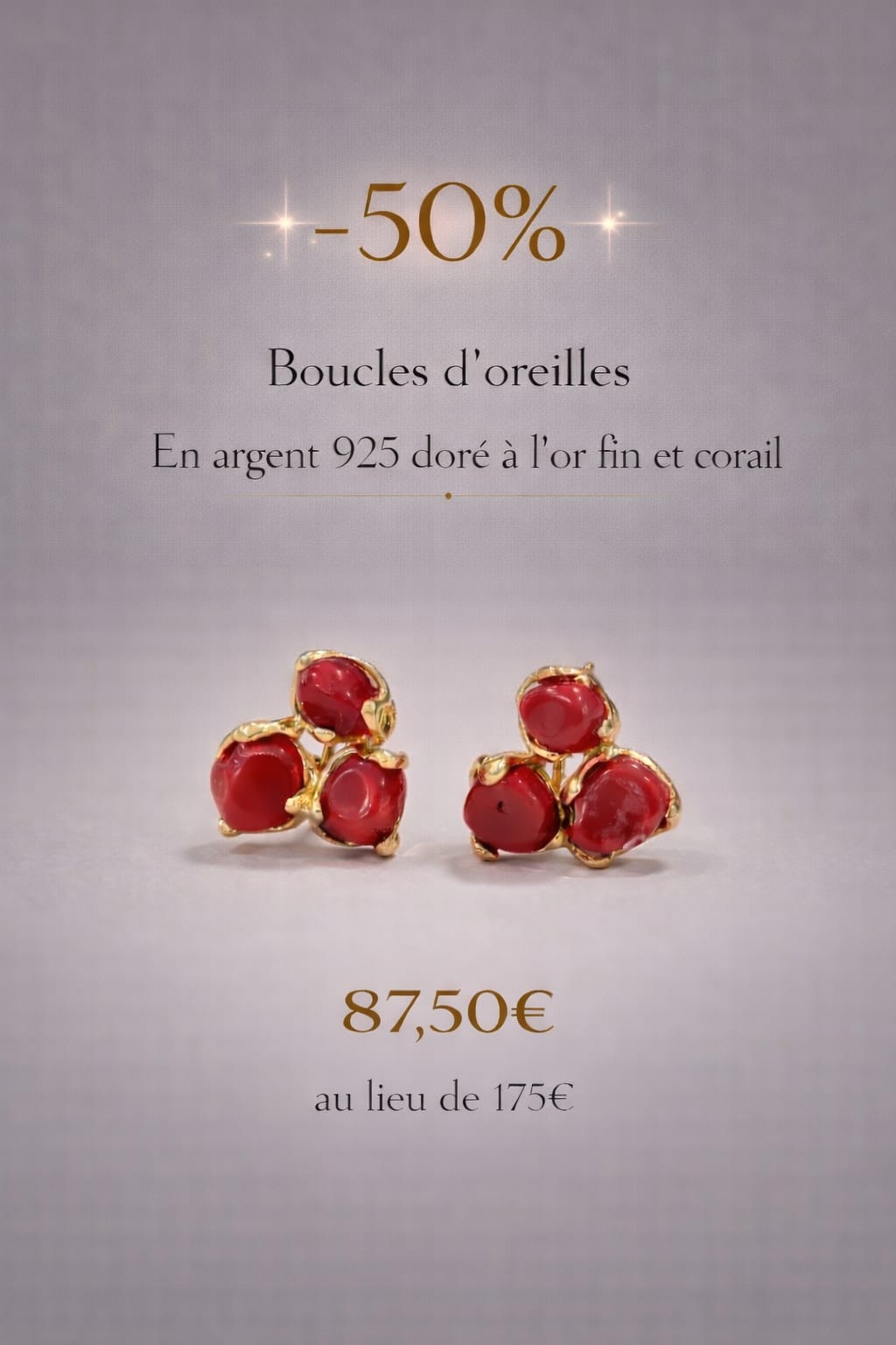 Boucles doreilles Femme en argent 925 doré à lor fin et corail