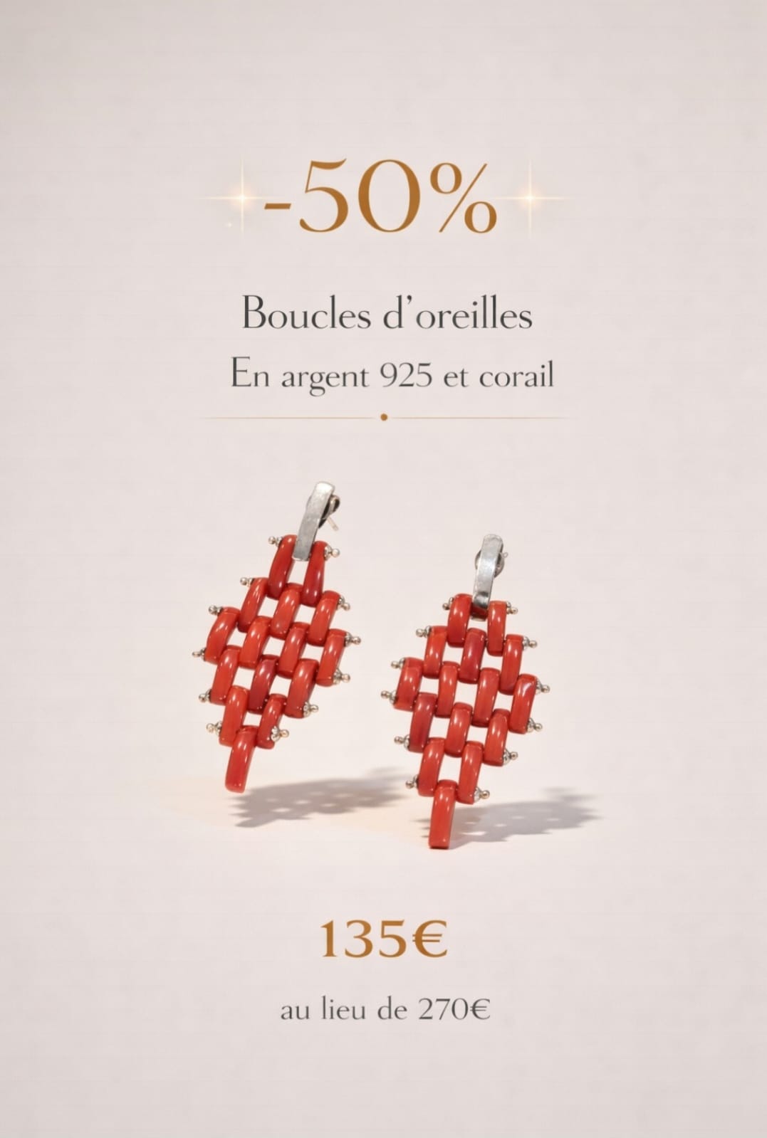 Boucles doreilles pour femme en argent 925 et corail corse
