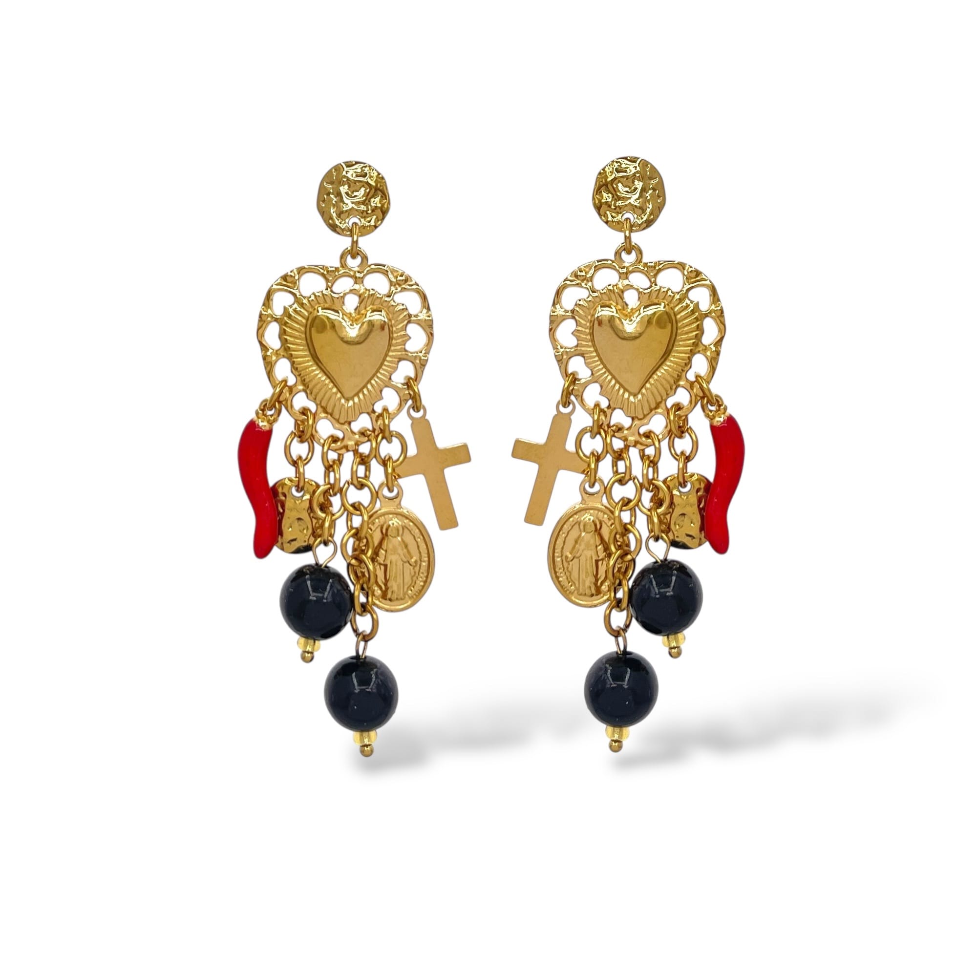 Boucles d'oreilles religieuse croix doré noir et rouge