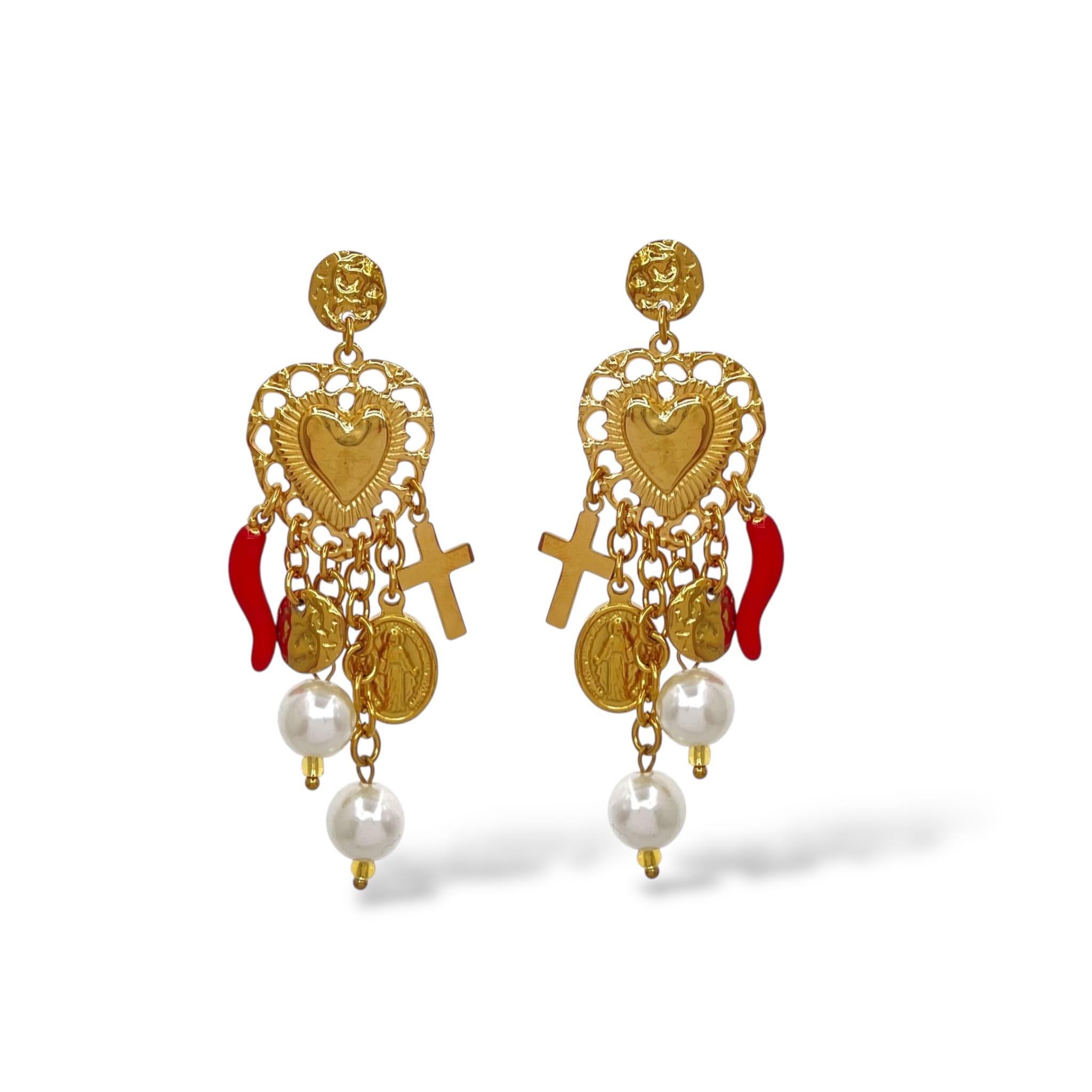 Boucles d'oreilles religieuse croix doré blanche et rouge