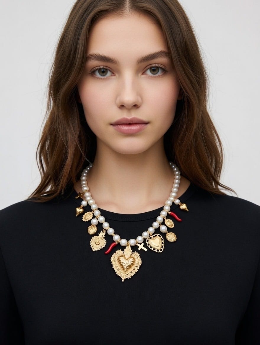 Collier fantaisie femme coeur doré et boules blanches