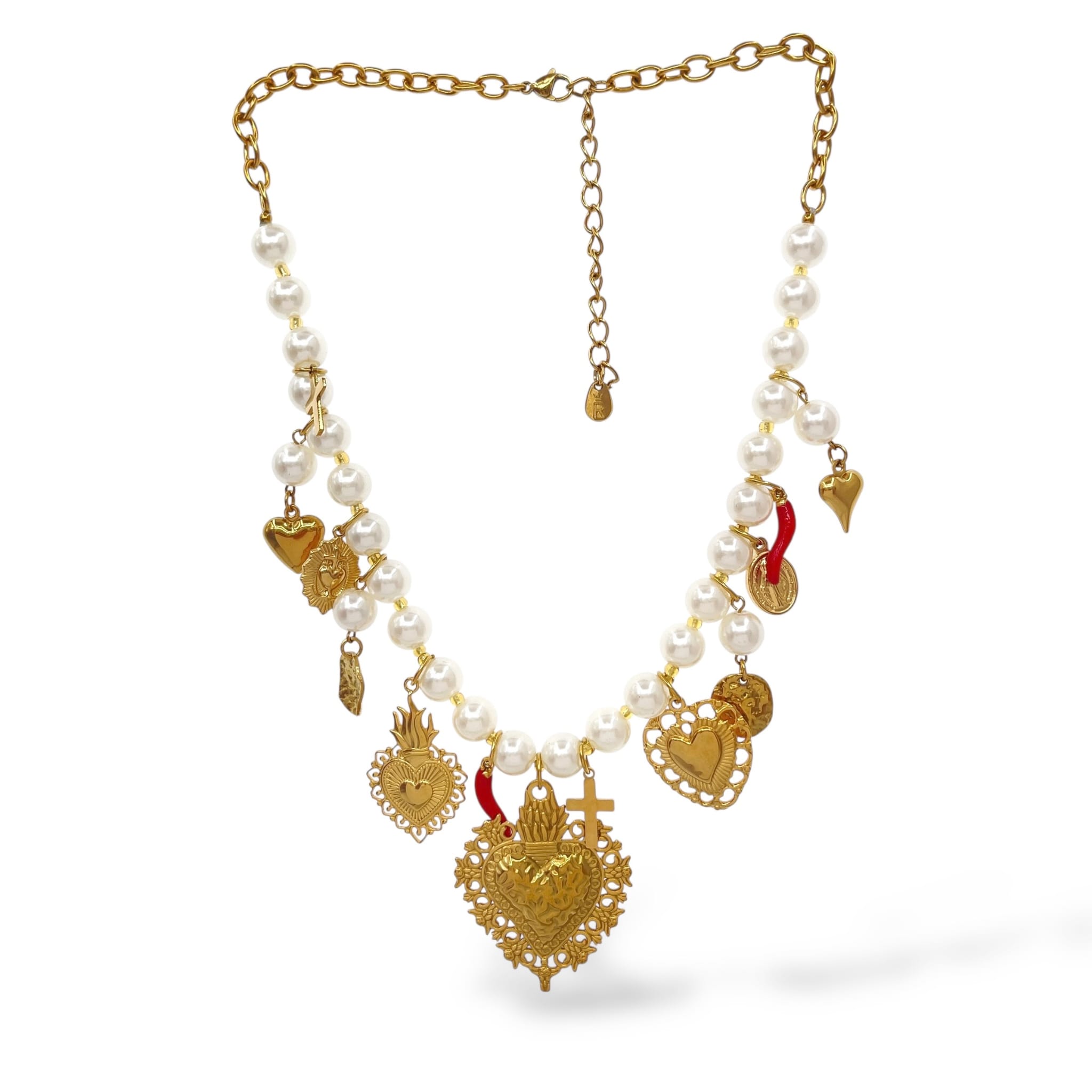 Collier fantaisie femme coeur doré et boules blanches et rouge